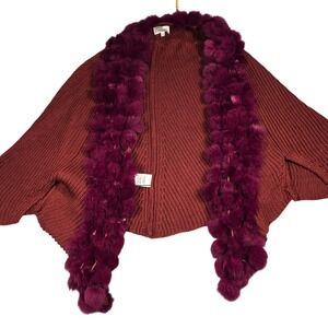 Emma G Burgundy Wool Blend Rib Knit Cardigan Dyed Rabbit Fur Trim Women Medium